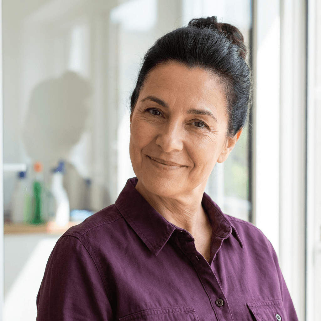Mujer observando una pieza decorativa en una estantería con luz cálida