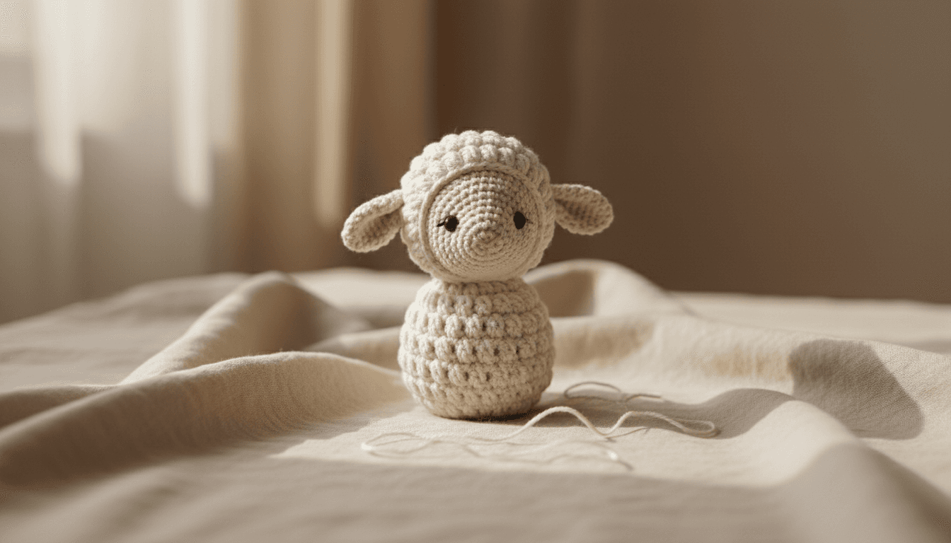 Amigurumi de cordero tejido a mano en lino color crema sobre fondo beige
