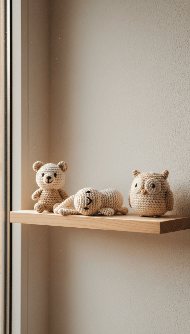 Tres amigurumis minimalistas en repisa de madera