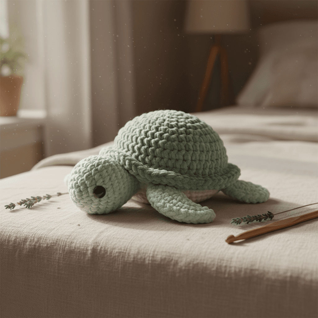 Tortuga de crochet en hilo verde pálido descansando sobre lino crema con luz suave matutina