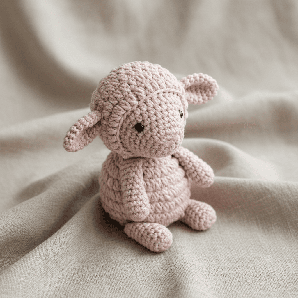 Primer plano de un cordero de crochet en lino rosa pálido sobre tela de lino beige