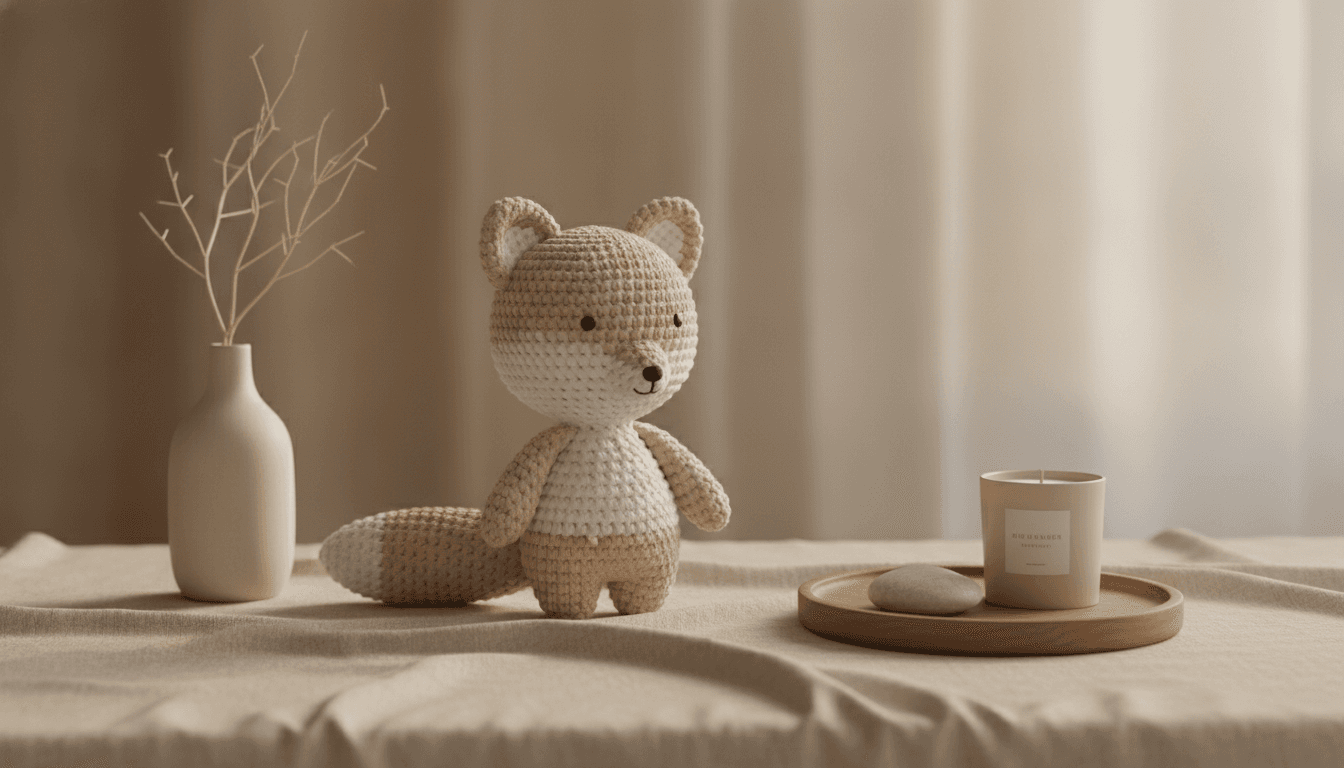 Amigurumi de lino color crema sobre fondo de lino beige, iluminación suave y natural