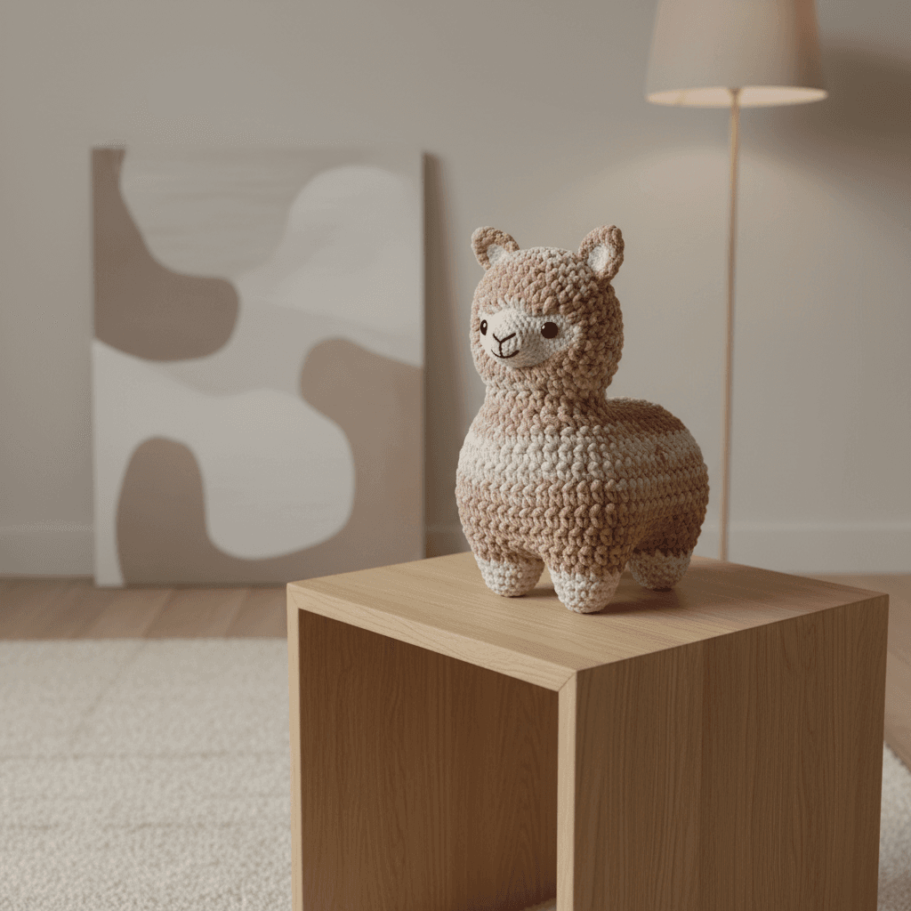 Mesa auxiliar minimalista con una alpaca de crochet rosa polvo en un interior de tonos neutros