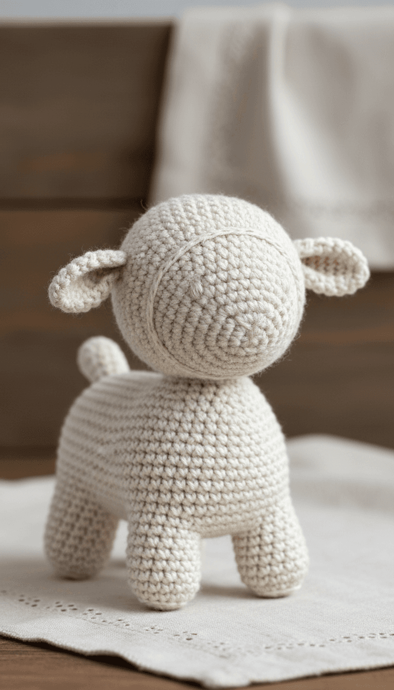 Cordero de amigurumi tejido a mano en lino crema