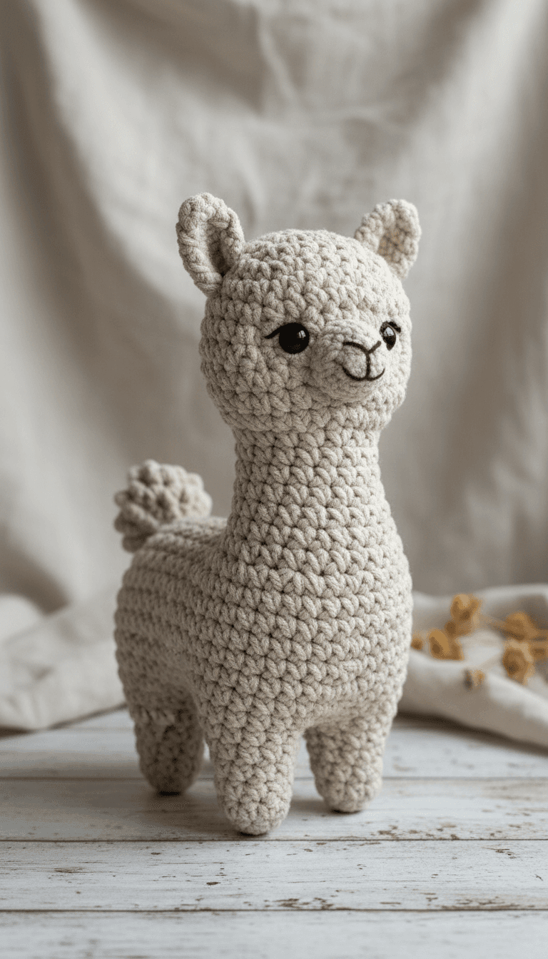 Alpaca de amigurumi tejida en lino beige claro