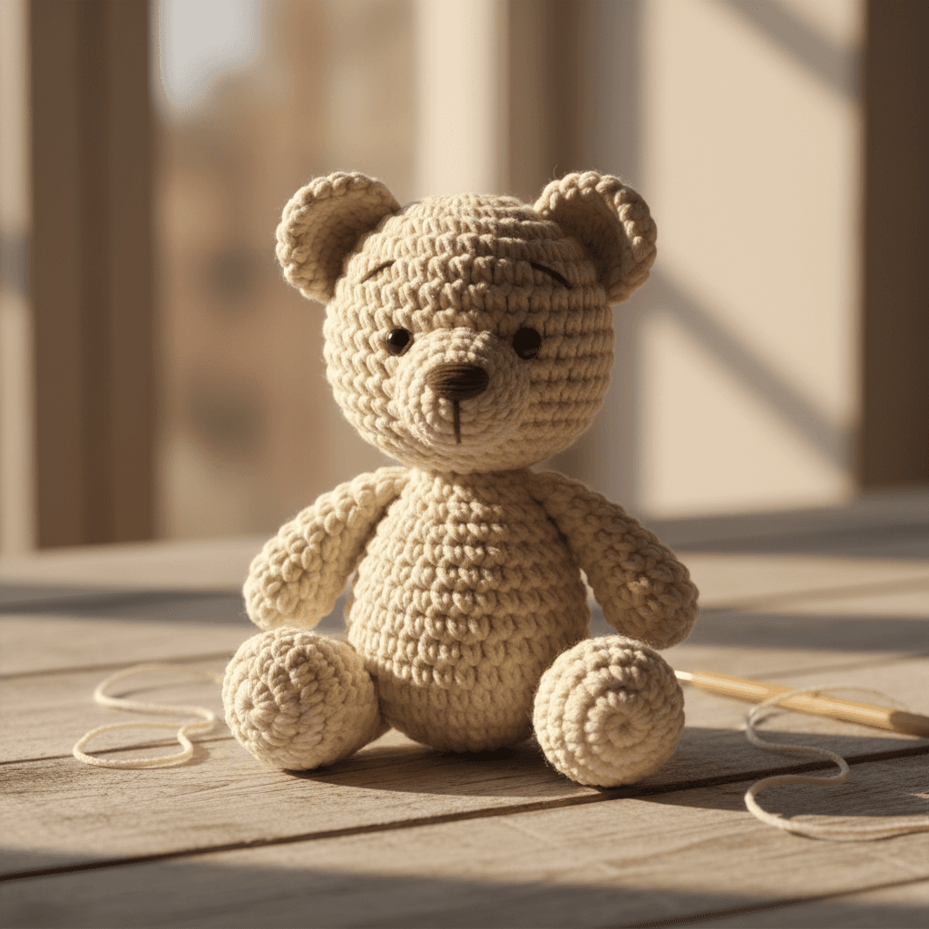 Oso de crochet color crema iluminado con luz natural sobre superficie de madera