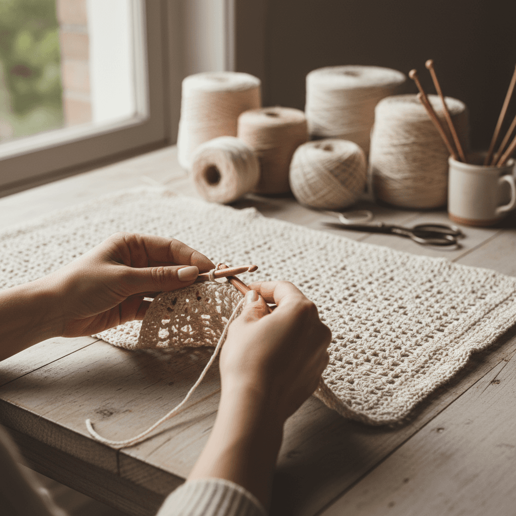 Mano tejiendo hilo de lino crema con aguja de crochet sobre superficie de madera clara