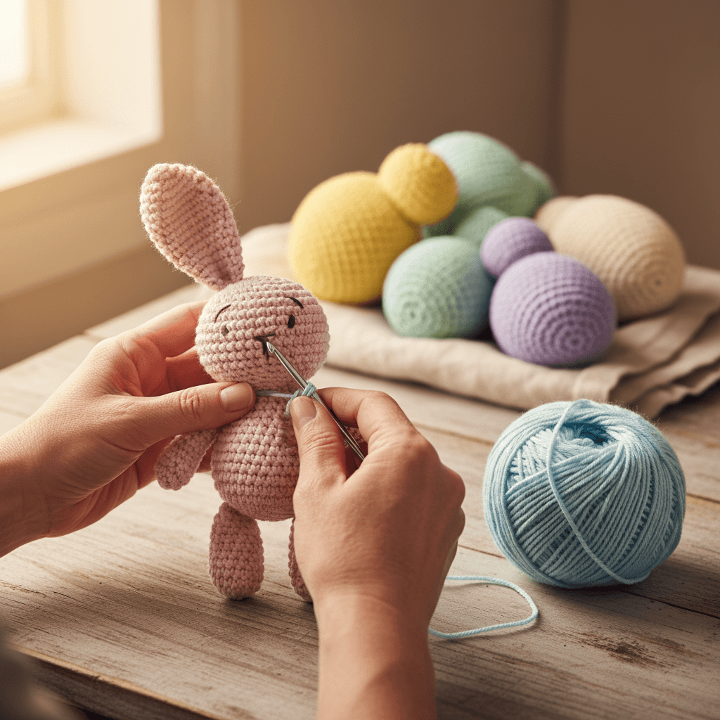 Oso de amigurumi en rosa pálido, detalle de puntadas de crochet