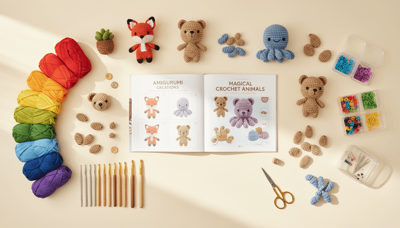 Colección de amigurumis tejidos a mano sobre superficie de lino
