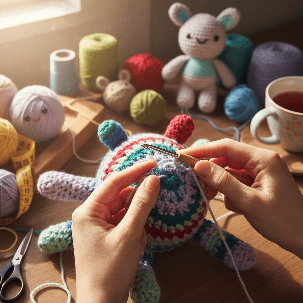 Primer plano de amigurumi de alpaca terminado con hilo de textura suave