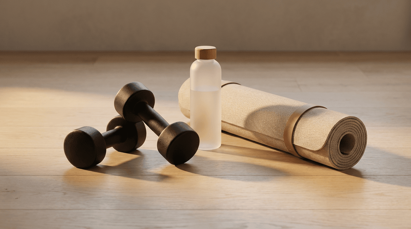 Pesa de cuero sobre una estera de yoga minimalista con luz natural suave