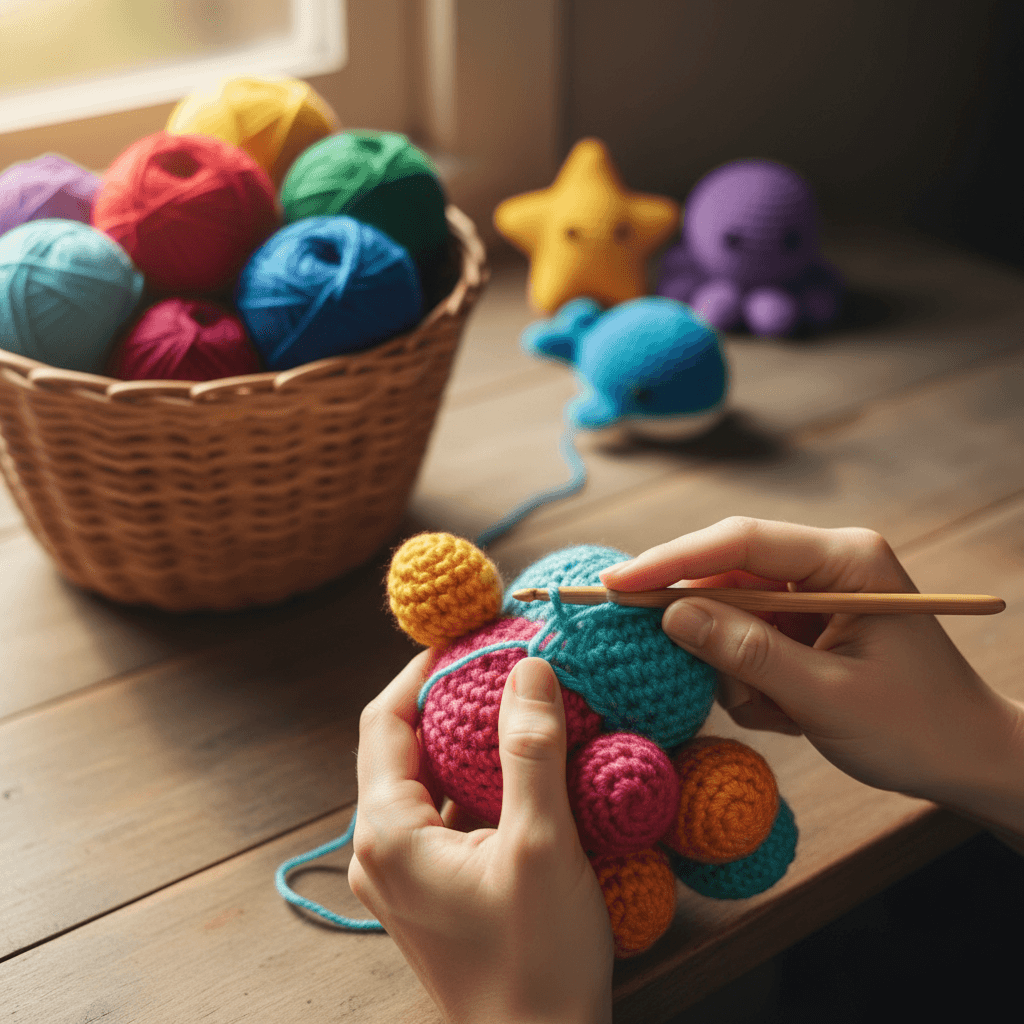 Amigurumi de cordero en tonos rosados y crema sobre paño de lino, luz natural