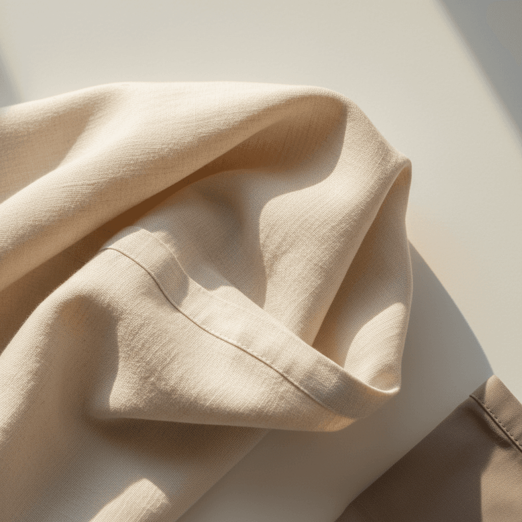 Agitador de proteínas refinado sobre superficie de lino beige con sombras suaves