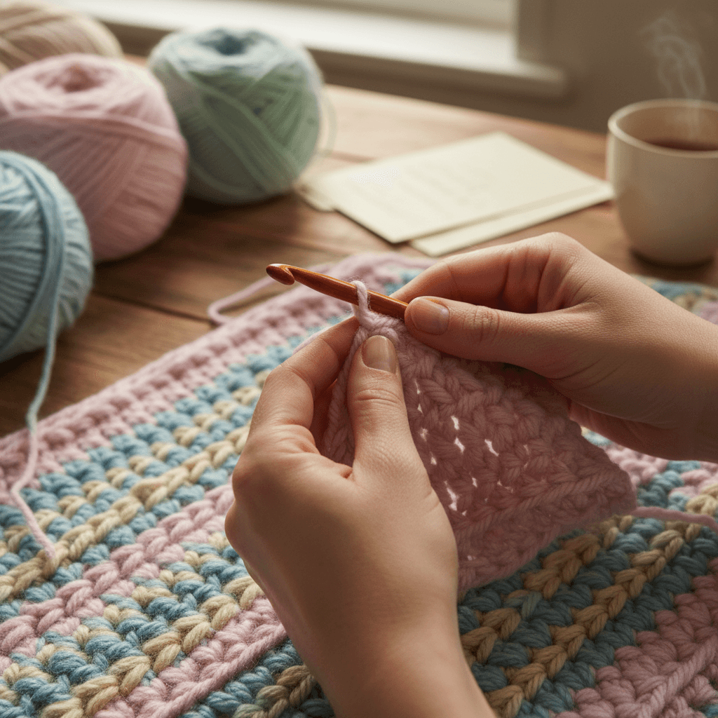 Primer plano de un corderito de crochet en rosa empolvado con detalles en crema